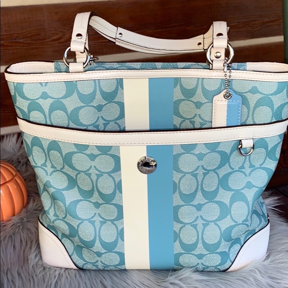 Coach Purse Handbag Heritage Stripe (Blue-Cream White)